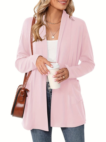 [Cozy Cardigan] Cozy Long Sleeve Open Front Cardigan | Women's Light Blue Sweater with Pockets, Relaxed Fit Sweater for Casual Fall/Winter Attire