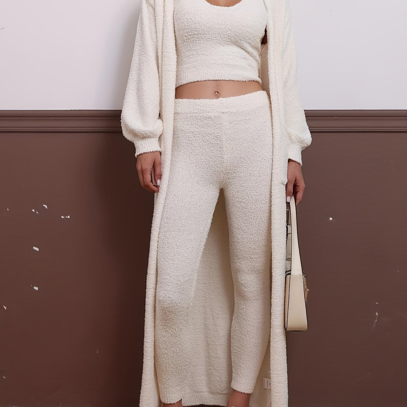 Casual Plush Three-piece Set, Crop Cami Top + Elastic Waist Pants + Open Front Pockets Cardigan Outfits, Women's Clothing