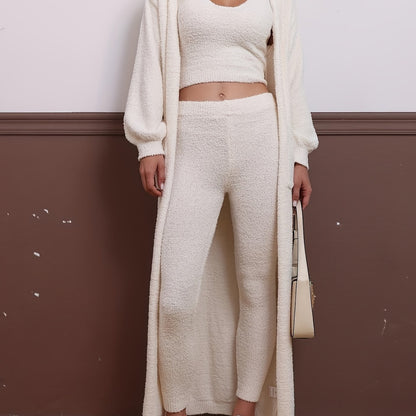 Casual Plush Three-piece Set, Crop Cami Top + Elastic Waist Pants + Open Front Pockets Cardigan Outfits, Women's Clothing
