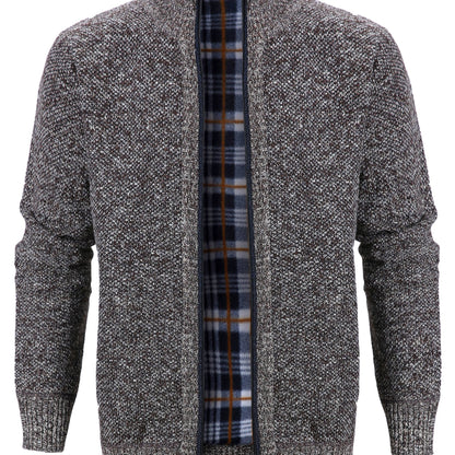 Warm Zip Up Jacket Sweater, Men's Casual Lapel Solid Color Cardigan For Fall Winter