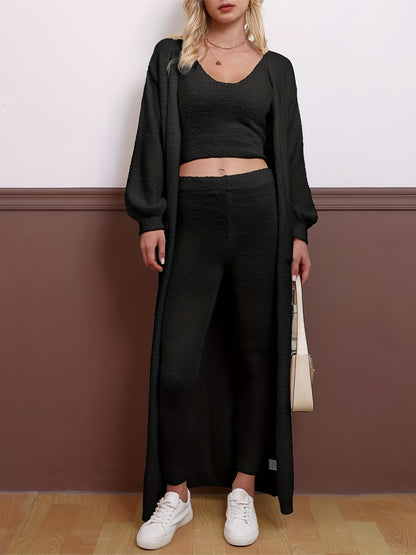 Casual Plush Three-piece Set, Crop Cami Top + Elastic Waist Pants + Open Front Pockets Cardigan Outfits, Women's Clothing