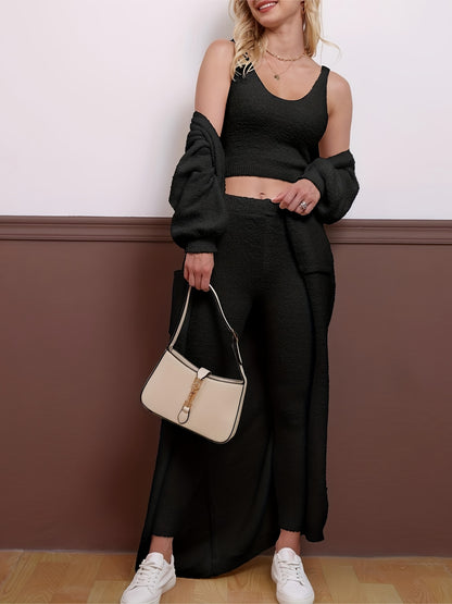 Casual Plush Three-piece Set, Crop Cami Top + Elastic Waist Pants + Open Front Pockets Cardigan Outfits, Women's Clothing