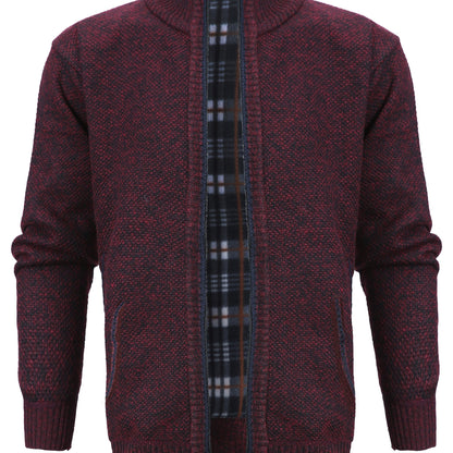 Warm Zip Up Jacket Sweater, Men's Casual Lapel Solid Color Cardigan For Fall Winter