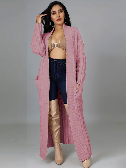 Long Length Cable Knit Cardigan, Elegant Solid Long Sleeve Sweater With Pockets, Women's Clothing