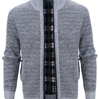Warm Zip Up Jacket Sweater, Men's Casual Lapel Solid Color Cardigan For Fall Winter