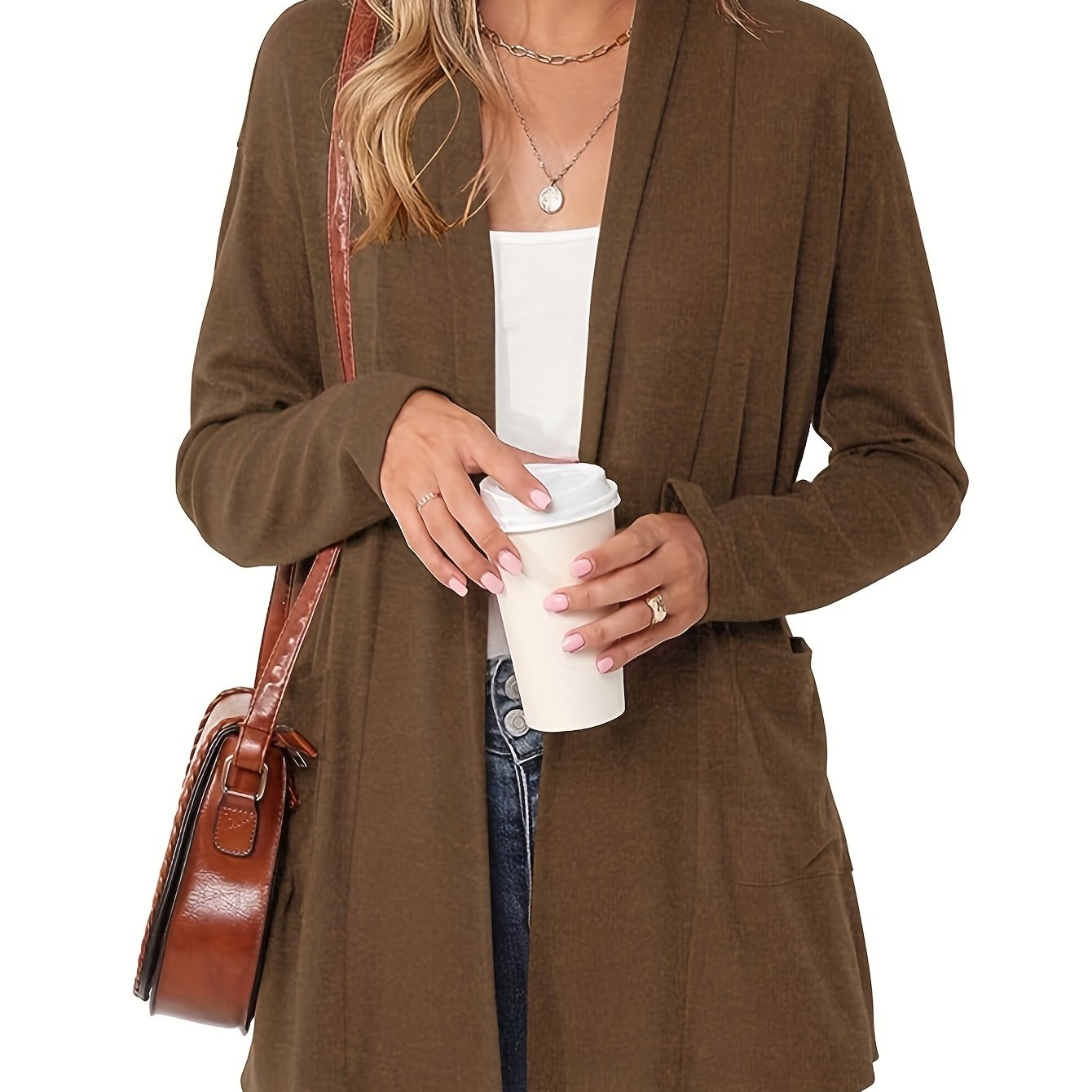 [Cozy Cardigan] Cozy Long Sleeve Open Front Cardigan | Women's Light Blue Sweater with Pockets, Relaxed Fit Sweater for Casual Fall/Winter Attire