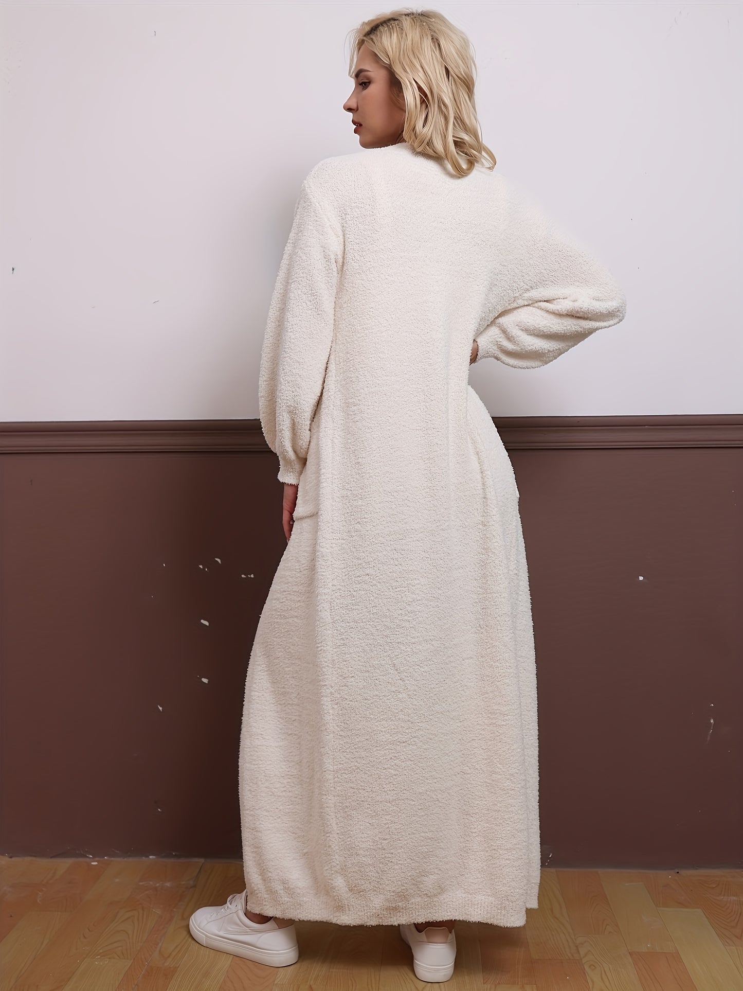 Casual Plush Three-piece Set, Crop Cami Top + Elastic Waist Pants + Open Front Pockets Cardigan Outfits, Women's Clothing