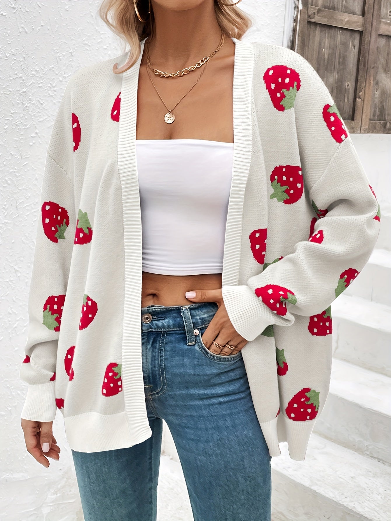 Elegant Strawberry Pattern Long Sleeve Cardigan for Women - Perfect for Spring and Fall