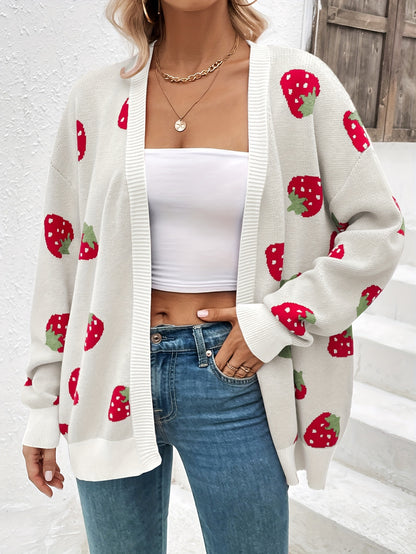 Elegant Strawberry Pattern Long Sleeve Cardigan for Women - Perfect for Spring and Fall