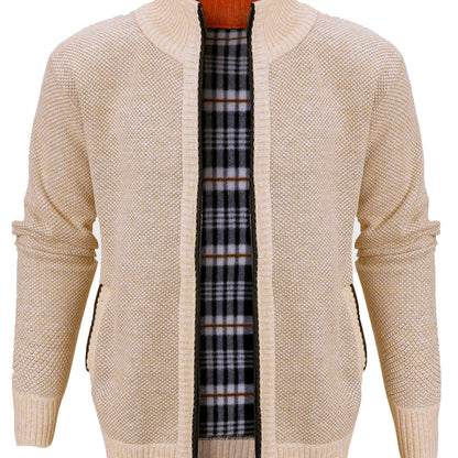Warm Zip Up Jacket Sweater, Men's Casual Lapel Solid Color Cardigan For Fall Winter