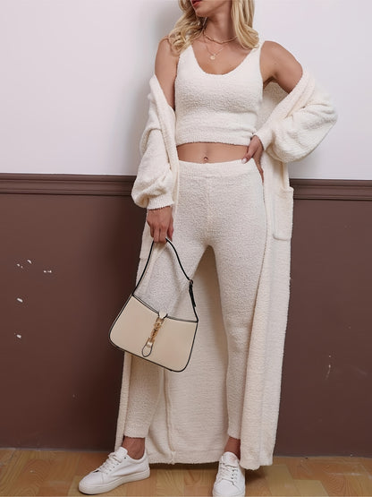 Casual Plush Three-piece Set, Crop Cami Top + Elastic Waist Pants + Open Front Pockets Cardigan Outfits, Women's Clothing