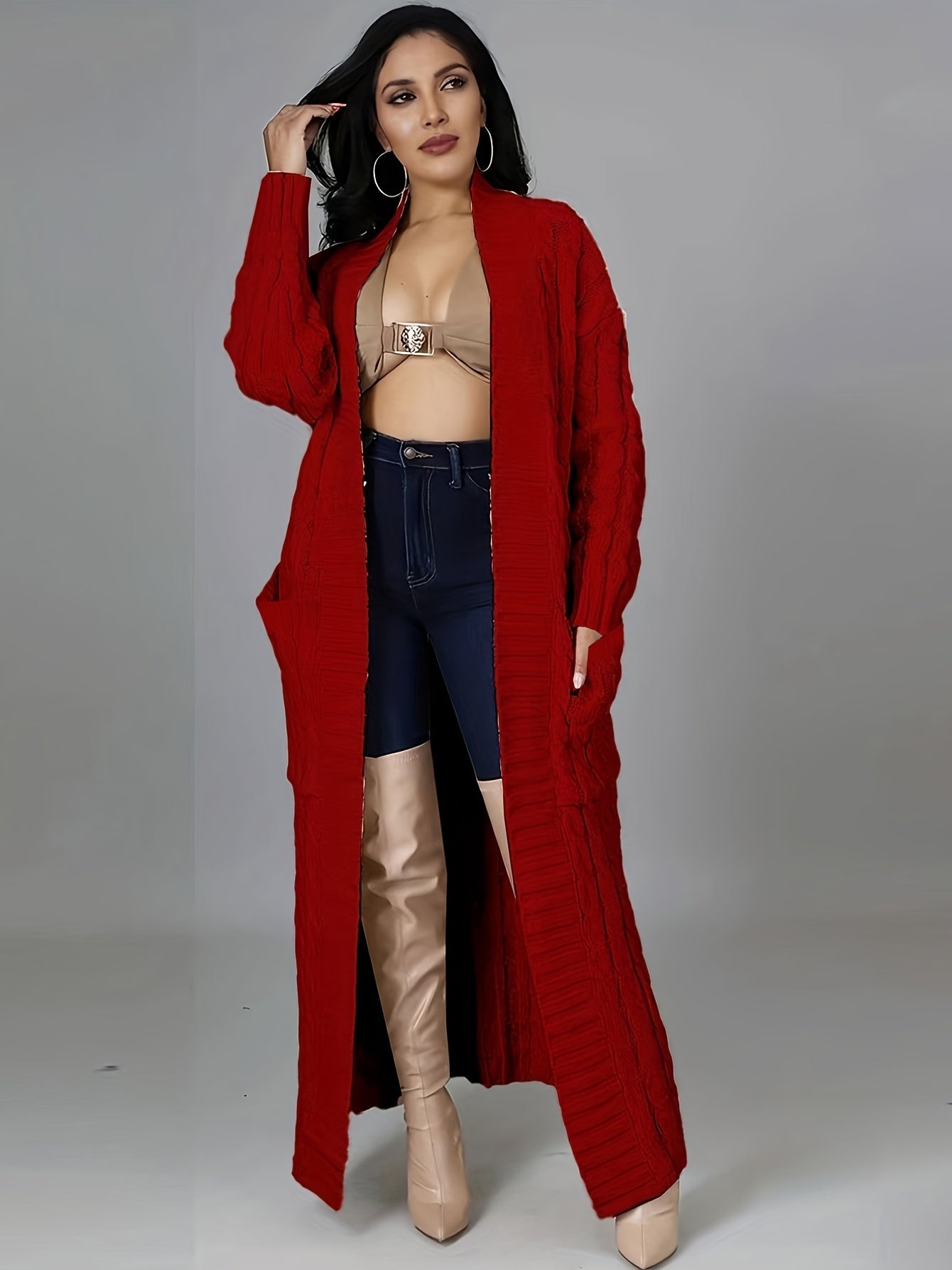 Long Length Cable Knit Cardigan, Elegant Solid Long Sleeve Sweater With Pockets, Women's Clothing