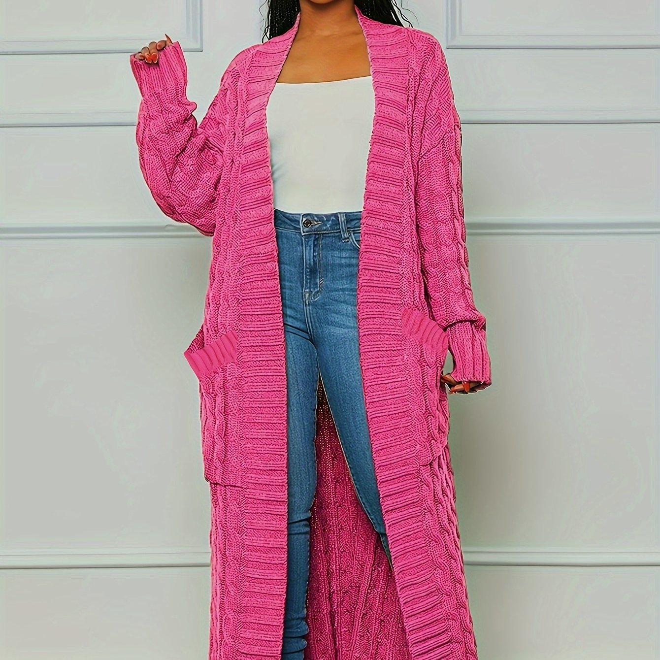 Long Length Cable Knit Cardigan, Elegant Solid Long Sleeve Sweater With Pockets, Women's Clothing