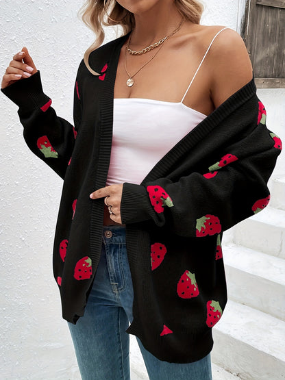 Elegant Strawberry Pattern Long Sleeve Cardigan for Women - Perfect for Spring and Fall