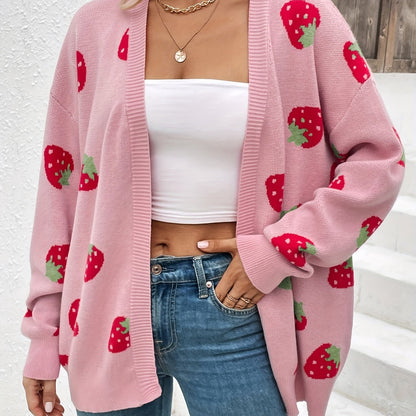 Elegant Strawberry Pattern Long Sleeve Cardigan for Women - Perfect for Spring and Fall