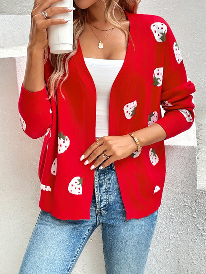 Elegant Strawberry Pattern Long Sleeve Cardigan for Women - Perfect for Spring and Fall