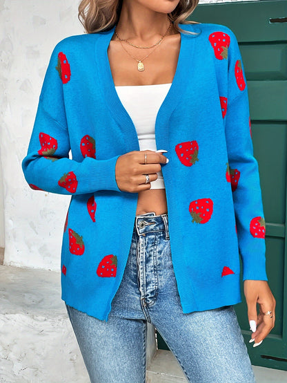 Elegant Strawberry Pattern Long Sleeve Cardigan for Women - Perfect for Spring and Fall