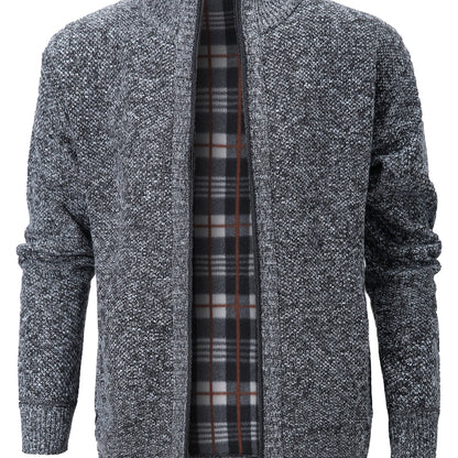 Warm Zip Up Jacket Sweater, Men's Casual Lapel Solid Color Cardigan For Fall Winter