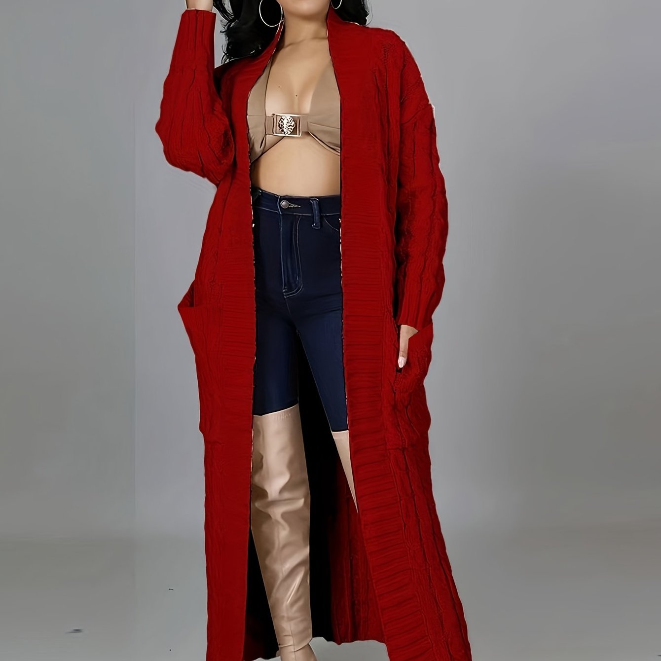 Long Length Cable Knit Cardigan, Elegant Solid Long Sleeve Sweater With Pockets, Women's Clothing