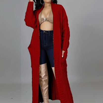 Long Length Cable Knit Cardigan, Elegant Solid Long Sleeve Sweater With Pockets, Women's Clothing