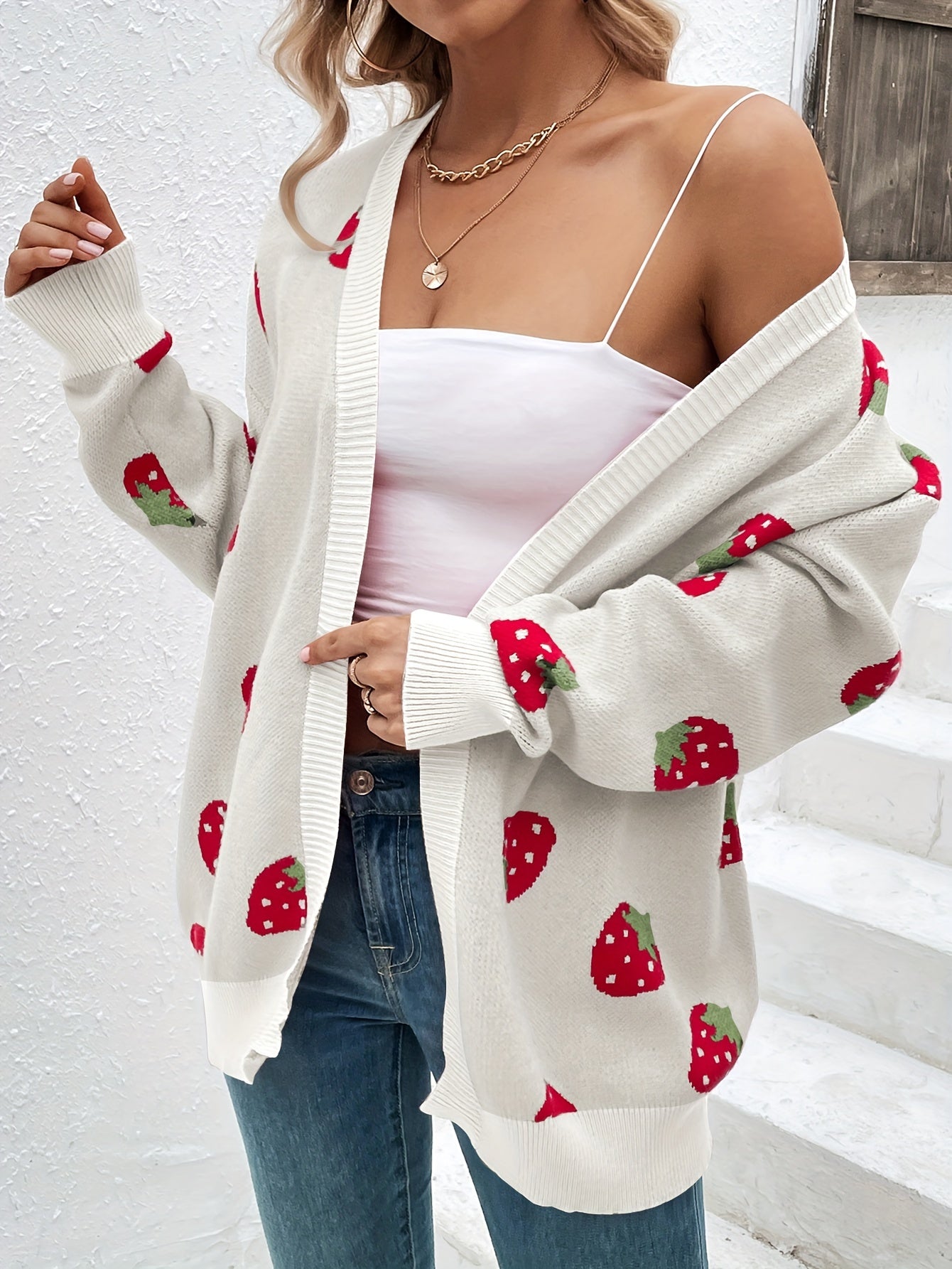 Elegant Strawberry Pattern Long Sleeve Cardigan for Women - Perfect for Spring and Fall