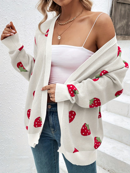 Elegant Strawberry Pattern Long Sleeve Cardigan for Women - Perfect for Spring and Fall