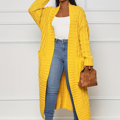 Long Length Cable Knit Cardigan, Elegant Solid Long Sleeve Sweater With Pockets, Women's Clothing