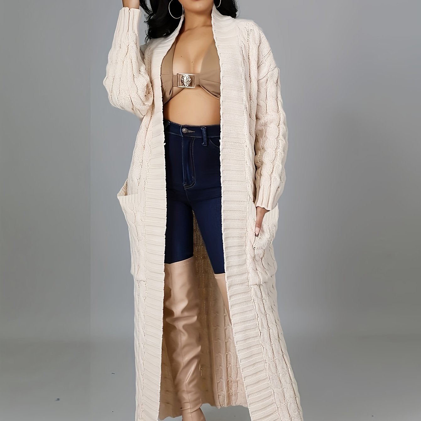 Long Length Cable Knit Cardigan, Elegant Solid Long Sleeve Sweater With Pockets, Women's Clothing