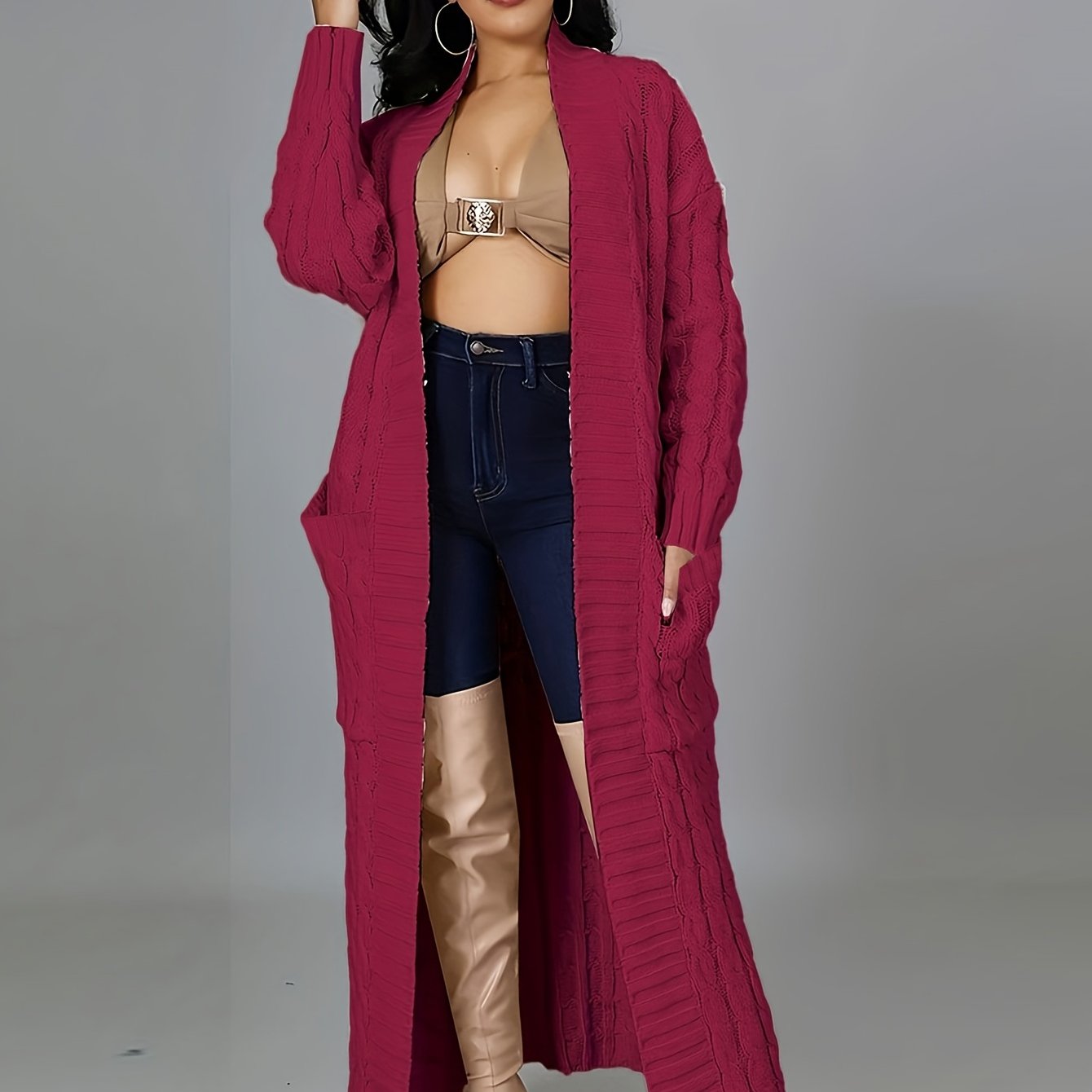 Long Length Cable Knit Cardigan, Elegant Solid Long Sleeve Sweater With Pockets, Women's Clothing