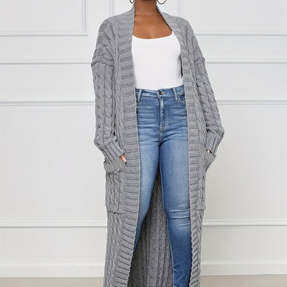 Long Length Cable Knit Cardigan, Elegant Solid Long Sleeve Sweater With Pockets, Women's Clothing