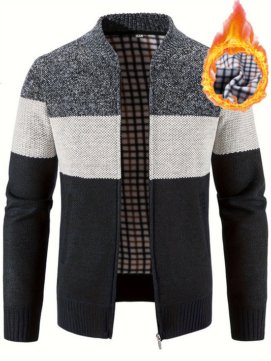 [High Neck Fleece Casual Jacket] Men'S Casual High Neck Fleece Jacket, Color Block Knit Polyester Cardigan, Mid Stretch Zip-Up Fall/Winter Outerwear, Regular Fit with Placket Closure, Thick