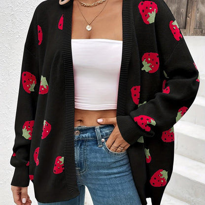 Elegant Strawberry Pattern Long Sleeve Cardigan for Women - Perfect for Spring and Fall