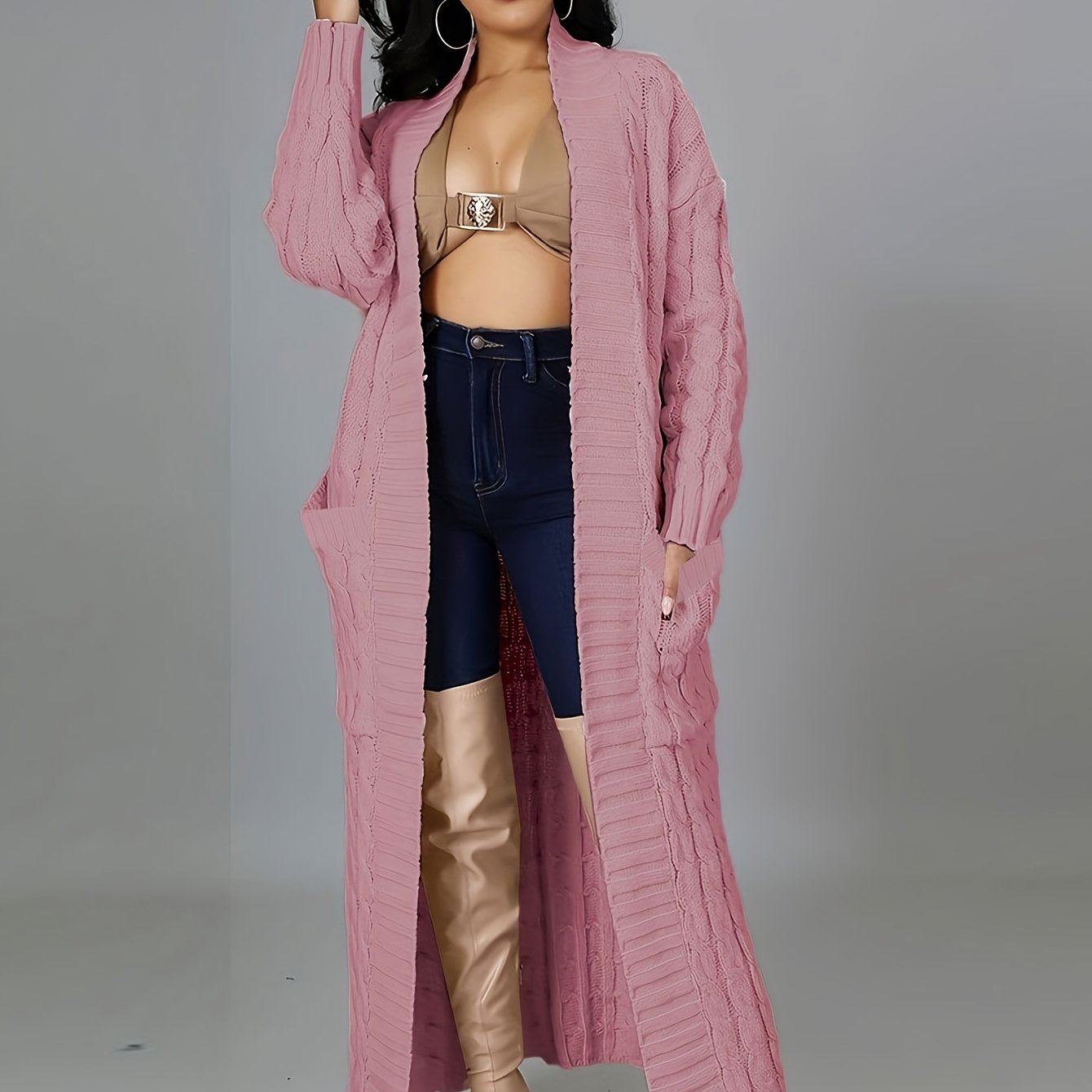 Long Length Cable Knit Cardigan, Elegant Solid Long Sleeve Sweater With Pockets, Women's Clothing