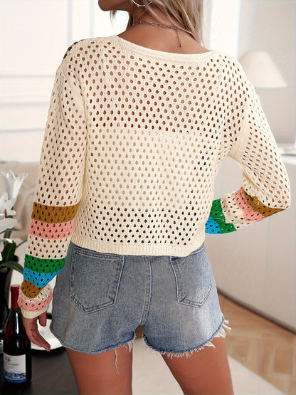 Stylish Patchwork Crochet Cardigan Sweater - Long Sleeve, Button-Up, Casual, Comfortable, Soft, and Cozy - Women's Fashion Clothing for Everyday Wear