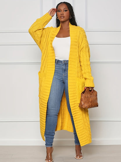 Long Length Cable Knit Cardigan, Elegant Solid Long Sleeve Sweater With Pockets, Women's Clothing