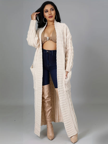 Long Length Cable Knit Cardigan, Elegant Solid Long Sleeve Sweater With Pockets, Women's Clothing