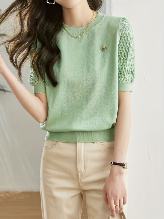 Hollow Out Knit Cardigan, Elegant Solid Crew Neck Short Sleeve Sweater, Women's Clothing