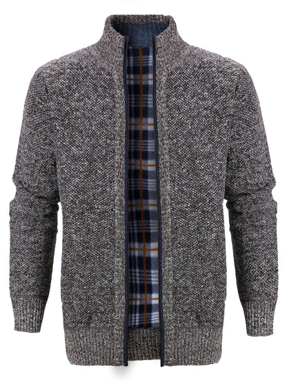 Warm Zip Up Jacket Sweater, Men's Casual Lapel Solid Color Cardigan For Fall Winter