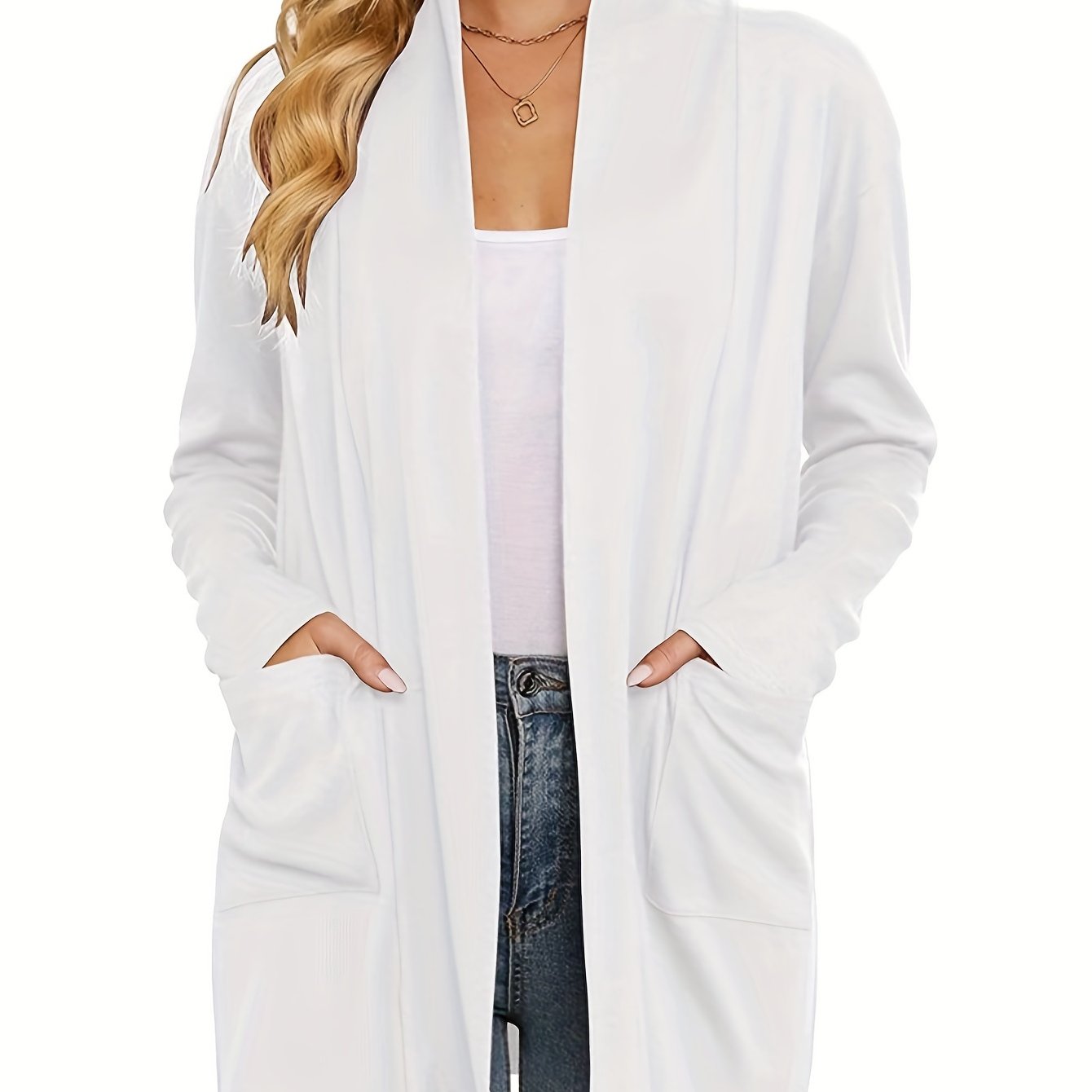 [Cozy Cardigan] Cozy Long Sleeve Open Front Cardigan | Women's Light Blue Sweater with Pockets, Relaxed Fit Sweater for Casual Fall/Winter Attire