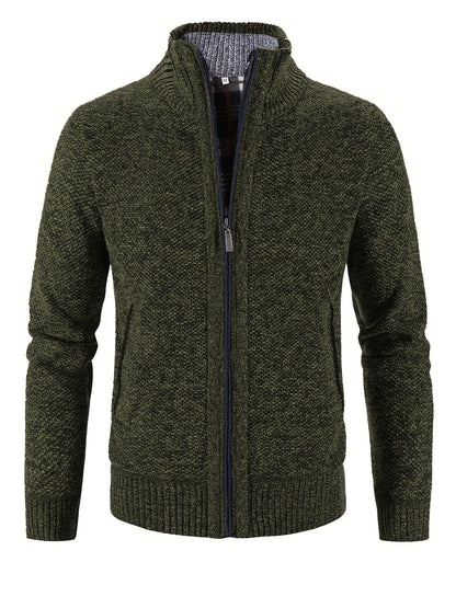 Warm Zip Up Jacket Sweater, Men's Casual Lapel Solid Color Cardigan For Fall Winter