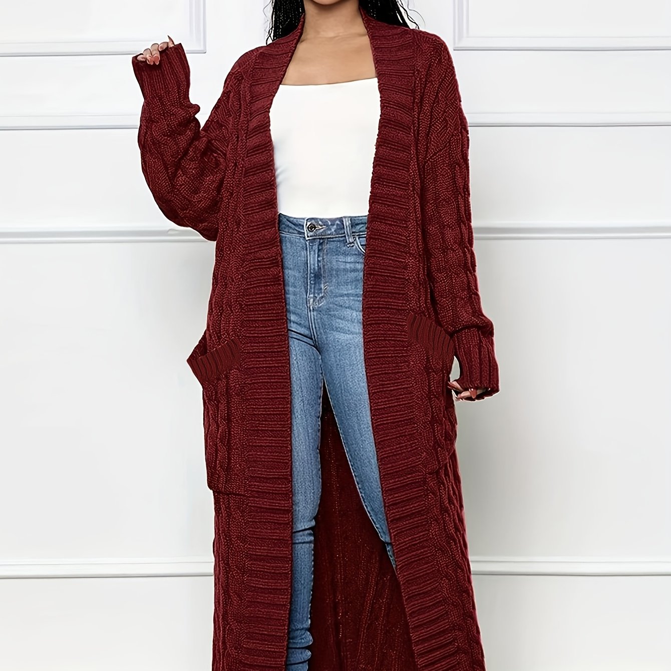 Long Length Cable Knit Cardigan, Elegant Solid Long Sleeve Sweater With Pockets, Women's Clothing