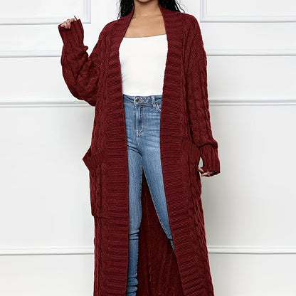 Long Length Cable Knit Cardigan, Elegant Solid Long Sleeve Sweater With Pockets, Women's Clothing