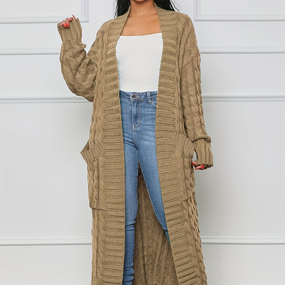 Long Length Cable Knit Cardigan, Elegant Solid Long Sleeve Sweater With Pockets, Women's Clothing