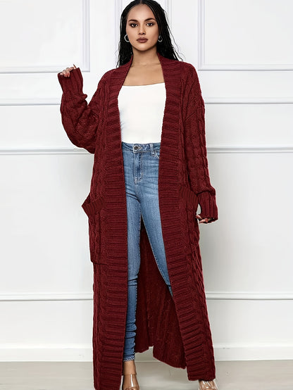 Long Length Cable Knit Cardigan, Elegant Solid Long Sleeve Sweater With Pockets, Women's Clothing