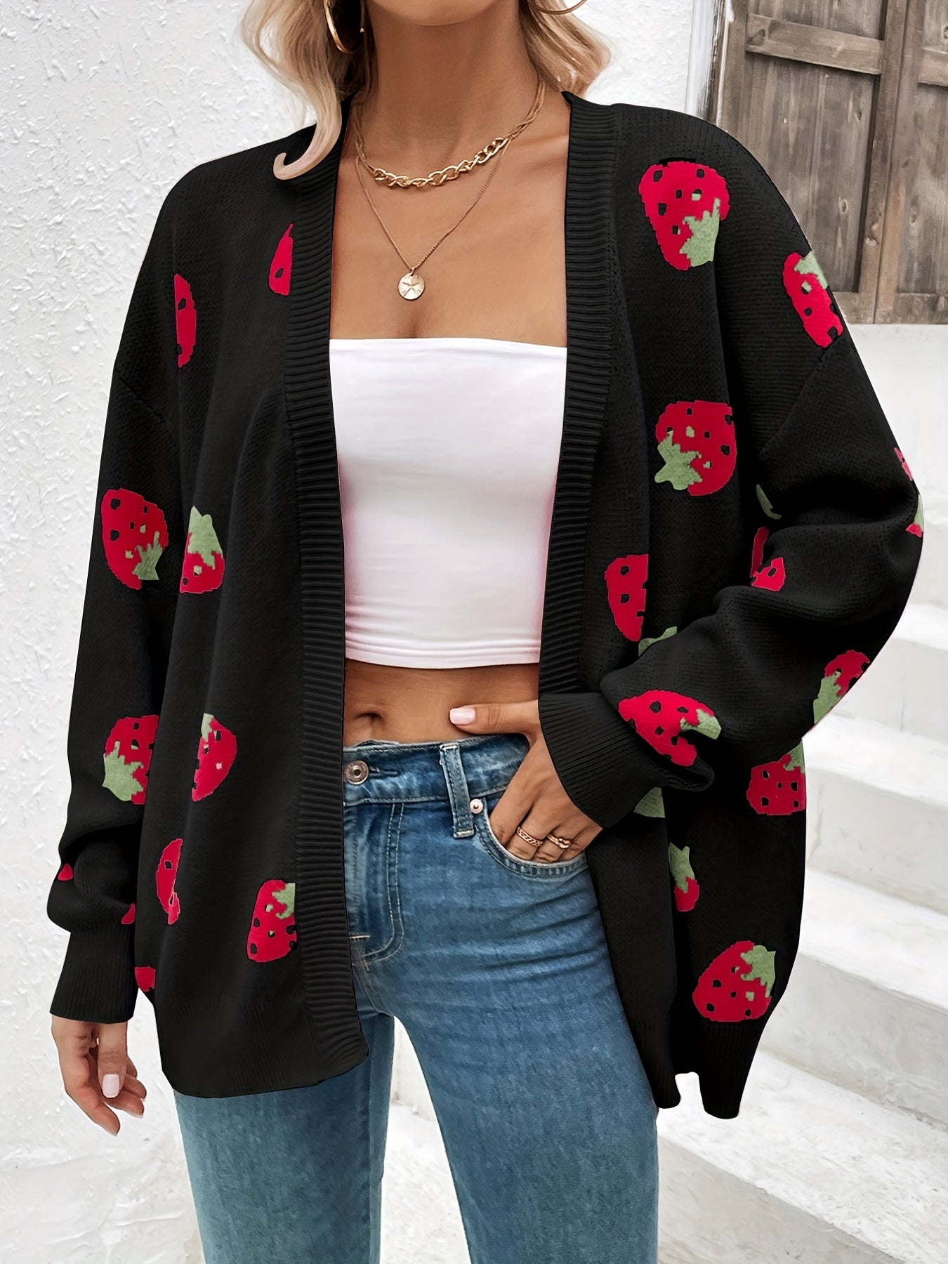 Elegant Strawberry Pattern Long Sleeve Cardigan for Women - Perfect for Spring and Fall