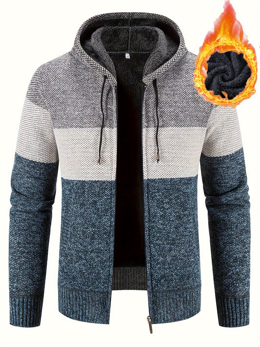 Men's Slightly Stretch Warm Zip Up Hooded Fleece Jacket Sweater, Fall Winter Color Block Cardigan