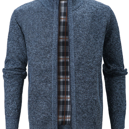 Warm Zip Up Jacket Sweater, Men's Casual Lapel Solid Color Cardigan For Fall Winter