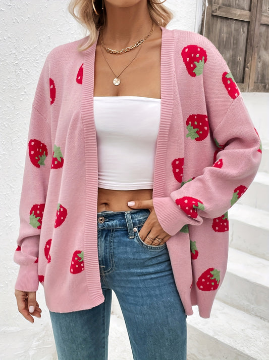 Elegant Strawberry Pattern Long Sleeve Cardigan for Women - Perfect for Spring and Fall