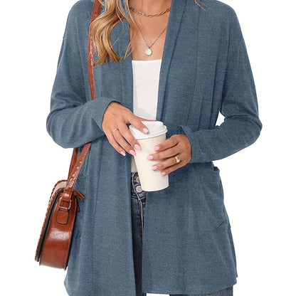[Cozy Cardigan] Cozy Long Sleeve Open Front Cardigan | Women's Light Blue Sweater with Pockets, Relaxed Fit Sweater for Casual Fall/Winter Attire