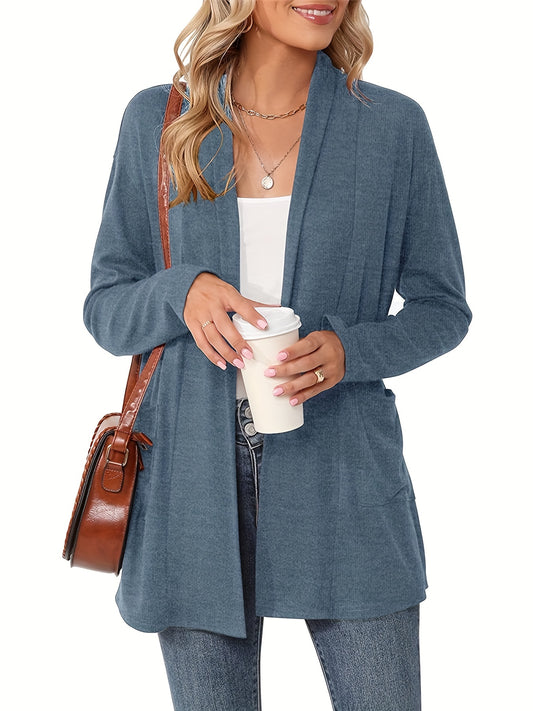 [Cozy Cardigan] Cozy Long Sleeve Open Front Cardigan | Women's Light Blue Sweater with Pockets, Relaxed Fit Sweater for Casual Fall/Winter Attire